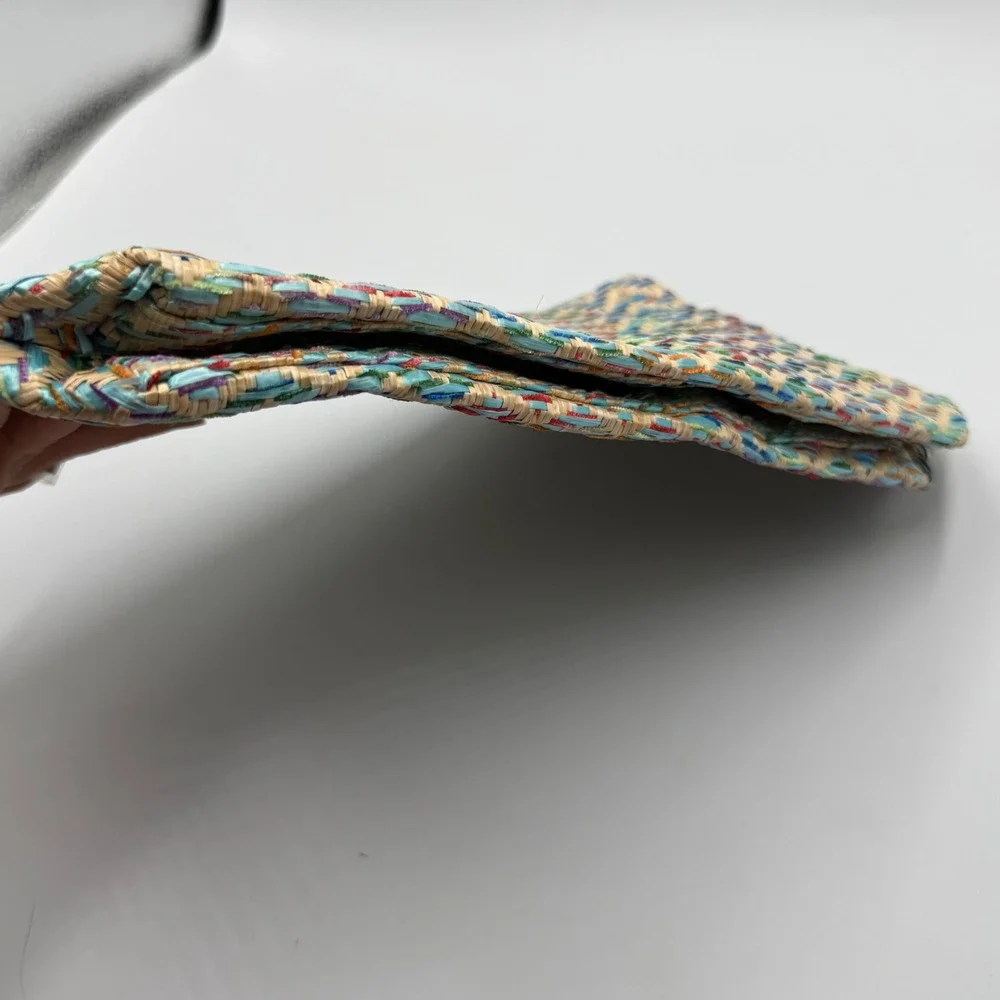 Lancome Paris Woven Straw Makeup Bag OS Teal Multi Chevron Boho Tassel Pouch‎